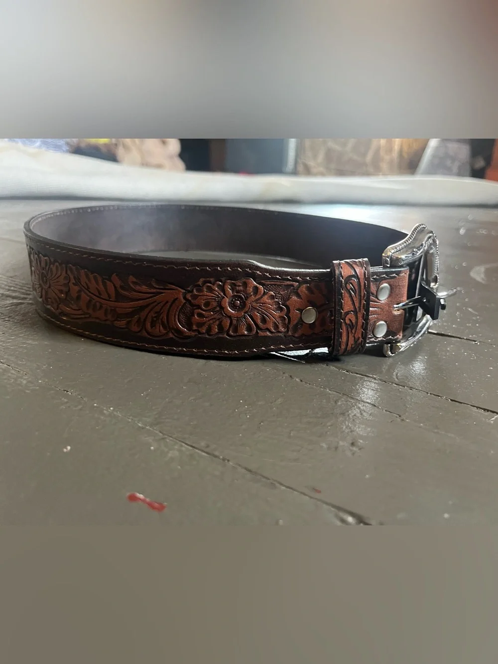 Nocona Brown Tooled Floral Leather Belt with Silver Buckle
